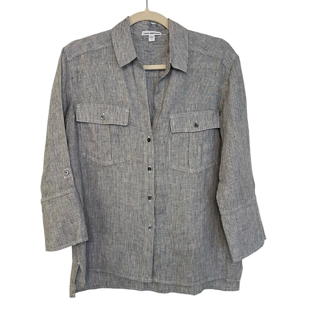 James Perse Linen Stripe Button Front Shirt Black White Size 1 Small Coastal